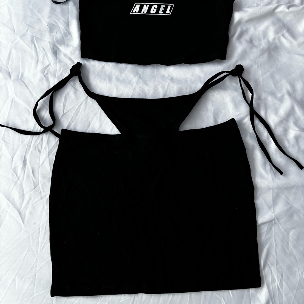 Black Angel Crop Top and Skirt Set